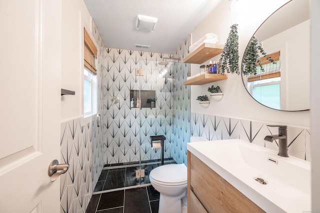 51 Mountain View Dr, Brookfield, CT 06804 - bathroom with tile walls, vanity, tile patterned floors, and a tile shower
