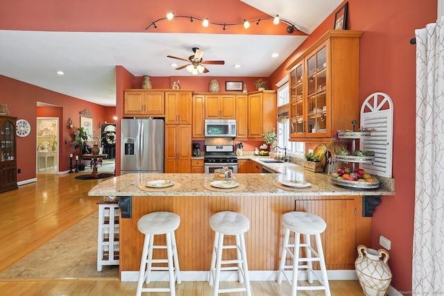 115 Center Rd, Woodstock, CT 06281 - kitchen with appliances with stainless steel finishes, light stone counters, a peninsula, light wood-type flooring, and recessed lighting