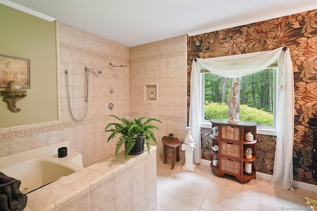115 Center Rd, Woodstock, CT 06281 - full bathroom featuring tiled tub, tiled shower, and tile patterned flooring