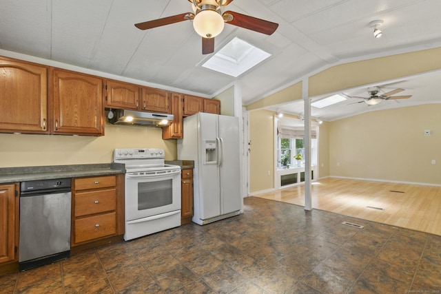 28 Nashua St, Norwich, CT 06360 - kitchen featuring white appliances, under cabinet range hood, ceiling fan, dark countertops, and a skylight