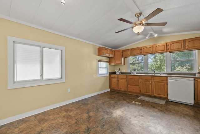 28 Nashua St, Norwich, CT 06360 - kitchen with white dishwasher, lofted ceiling, brown cabinets, a ceiling fan, and dark countertops
