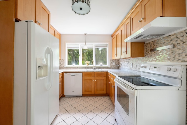 25 Old Middle Rd, Brookfield, CT 06804 - kitchen with white appliances, under cabinet range hood, light countertops, tasteful backsplash, and light tile patterned floors