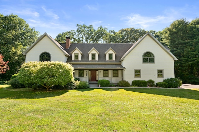 18 Sandpiper Ln, East Lyme, CT 06333 - view of front of home with a porch, a front lawn, and a chimney