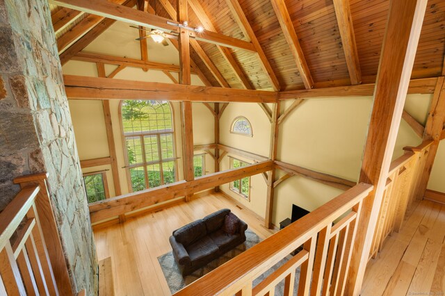 18 Sandpiper Ln, East Lyme, CT 06333 - living area with hardwood / wood-style flooring, wooden ceiling, and ceiling fan