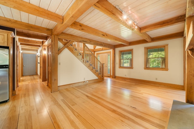 18 Sandpiper Ln, East Lyme, CT 06333 - unfurnished living room featuring light wood finished floors, stairway, and a wood ceiling with exposed beams