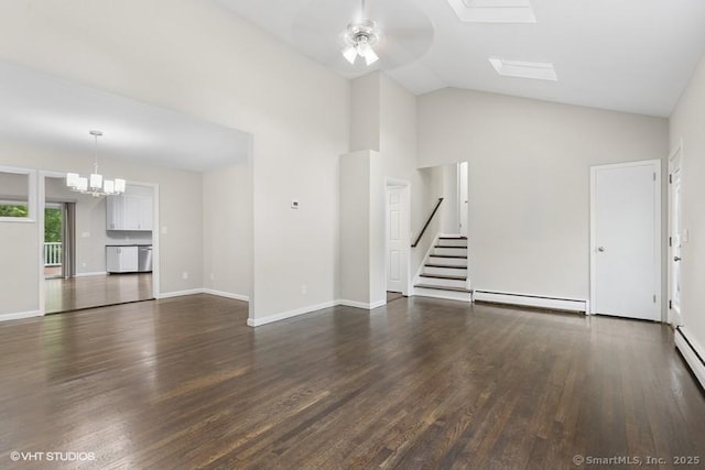 6 Kingsbury Rd, Norwalk, CT 06851 - unfurnished living room featuring a baseboard heating unit, ceiling fan, dark wood-style flooring, stairway, and a chandelier