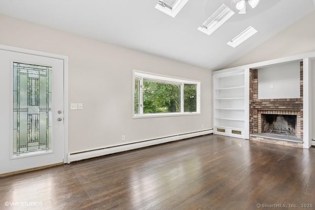 6 Kingsbury Rd, Norwalk, CT 06851 - unfurnished living room with baseboard heating, built in features, a skylight, wood finished floors, and lofted ceiling