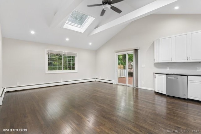 6 Kingsbury Rd, Norwalk, CT 06851 - unfurnished living room with a ceiling fan, high vaulted ceiling, dark wood-style floors, a baseboard radiator, and a skylight