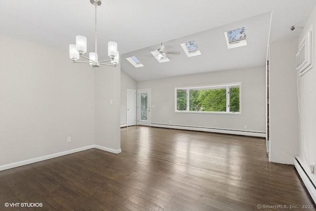 6 Kingsbury Rd, Norwalk, CT 06851 - empty room with a baseboard radiator, a baseboard heating unit, a skylight, a chandelier, and lofted ceiling