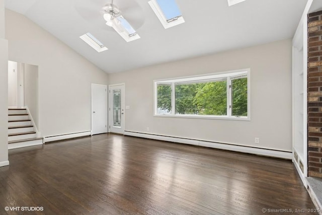 6 Kingsbury Rd, Norwalk, CT 06851 - unfurnished living room featuring a baseboard heating unit, a skylight, wood finished floors, high vaulted ceiling, and stairway