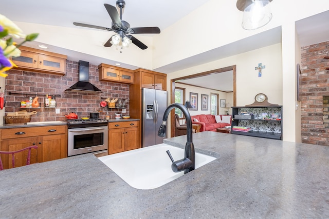 26 Skyview Ter, Bristol, CT 06010 - kitchen featuring wall chimney exhaust hood, appliances with stainless steel finishes, brown cabinets, glass insert cabinets, and decorative backsplash