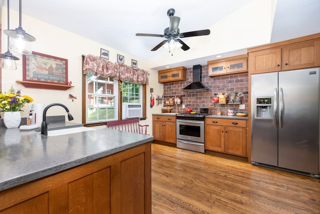 26 Skyview Ter, Bristol, CT 06010 - kitchen with stainless steel appliances, wall chimney exhaust hood, brown cabinets, backsplash, and glass insert cabinets