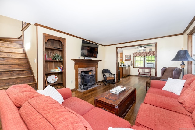 26 Skyview Ter, Bristol, CT 06010 - living area featuring wood finished floors, ornamental molding, stairs, cooling unit, and ceiling fan
