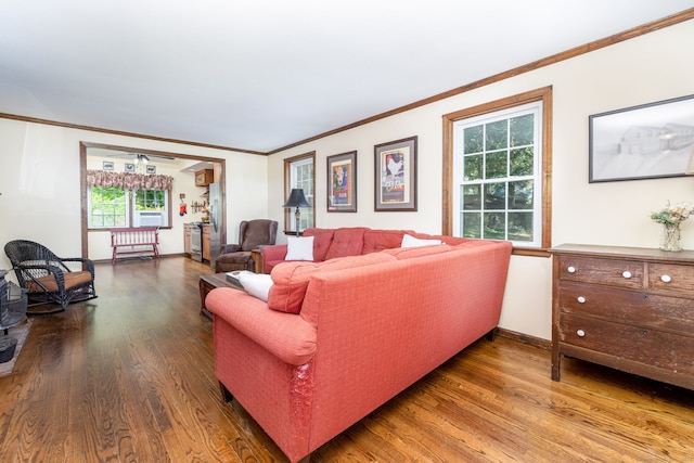 26 Skyview Ter, Bristol, CT 06010 - living room featuring ornamental molding, wood finished floors, healthy amount of natural light, and cooling unit