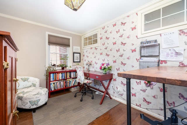 26 Skyview Ter, Bristol, CT 06010 - office area featuring ornamental molding, wood finished floors, and wallpapered walls