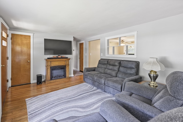 15 Denis Dr, Thompson, CT 06255 - living room featuring wood finished floors, a glass covered fireplace, and ceiling fan