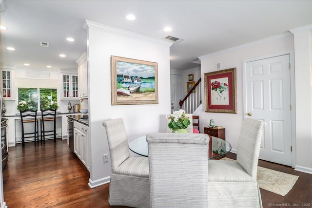 17 Harbour Vlg Unit F, Branford, CT 06405 - dining room featuring dark wood finished floors, stairway, ornamental molding, and recessed lighting