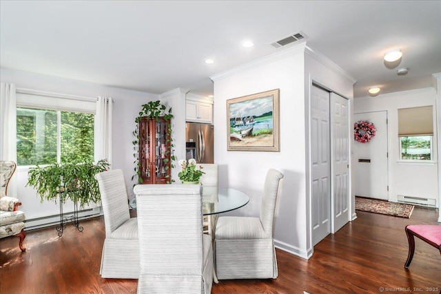 17 Harbour Vlg Unit F, Branford, CT 06405 - dining space with a baseboard heating unit, plenty of natural light, ornamental molding, wood finished floors, and recessed lighting