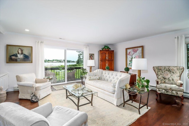 17 Harbour Vlg Unit F, Branford, CT 06405 - living area featuring wood finished floors, ornamental molding, recessed lighting, and baseboard heating