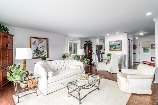 17 Harbour Vlg Unit F, Branford, CT 06405 - living area featuring recessed lighting, dark wood-type flooring, and ornamental molding