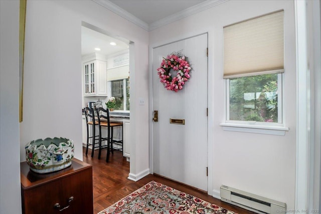 17 Harbour Vlg Unit F, Branford, CT 06405 - entrance foyer with a baseboard radiator, dark wood finished floors, and ornamental molding