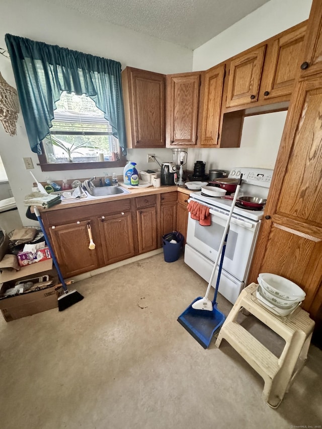 33 Wilson Ave, Windsor, CT 06095 - kitchen with electric stove, brown cabinetry, a textured ceiling, and light countertops