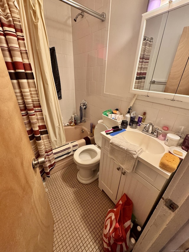 33 Wilson Ave, Windsor, CT 06095 - bathroom featuring shower / bathtub combination with curtain, vanity, a baseboard radiator, tile patterned floors, and tasteful backsplash