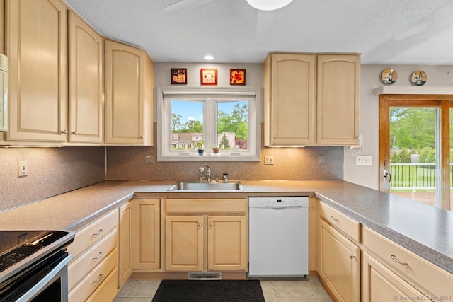475 Pine Tree Dr, Orange, CT 06477 - kitchen with dishwasher, light brown cabinets, electric range, a textured ceiling, and light tile patterned floors