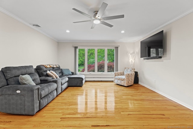 475 Pine Tree Dr, Orange, CT 06477 - living area featuring a baseboard radiator, wood finished floors, a ceiling fan, ornamental molding, and recessed lighting