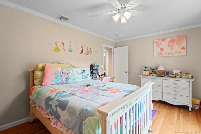 475 Pine Tree Dr, Orange, CT 06477 - bedroom featuring ornamental molding, light wood-type flooring, and a ceiling fan