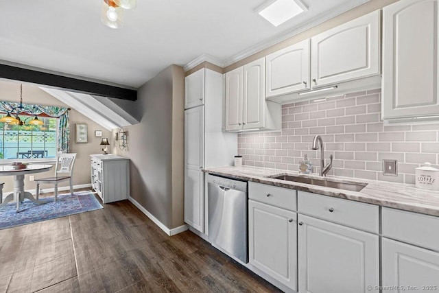 18 Chestnut Hill Rd, Simsbury, CT 06092 - kitchen with dishwasher, dark wood-style flooring, white cabinetry, decorative backsplash, and light stone counters