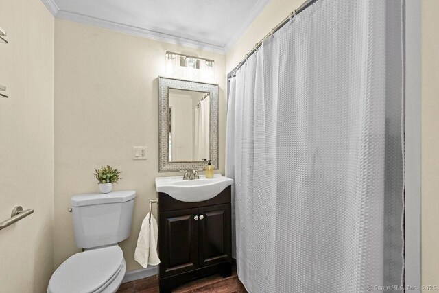 18 Chestnut Hill Rd, Simsbury, CT 06092 - full bathroom with crown molding, vanity, wood finished floors, and a shower with shower curtain
