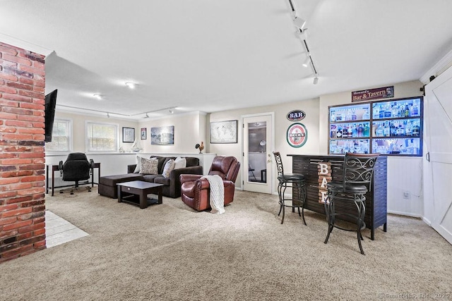 18 Chestnut Hill Rd, Simsbury, CT 06092 - living area with rail lighting, carpet floors, and a dry bar