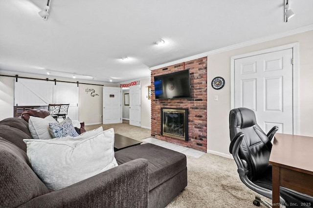 18 Chestnut Hill Rd, Simsbury, CT 06092 - living area featuring track lighting, light colored carpet, a fireplace, and ornamental molding