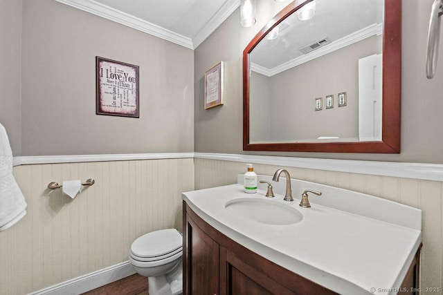 18 Chestnut Hill Rd, Simsbury, CT 06092 - half bathroom with vanity, ornamental molding, and a wainscoted wall