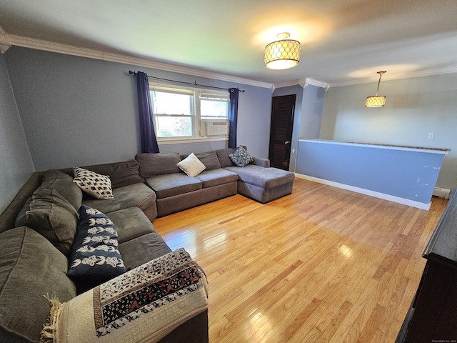 38 Sylvan Ave, Wallingford, CT 06492 - living room with crown molding, wood finished floors, a baseboard radiator, and cooling unit