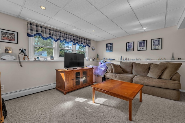 315 Judson Ave, Groton, CT 06355 - carpeted living room with a baseboard heating unit, a paneled ceiling, and recessed lighting