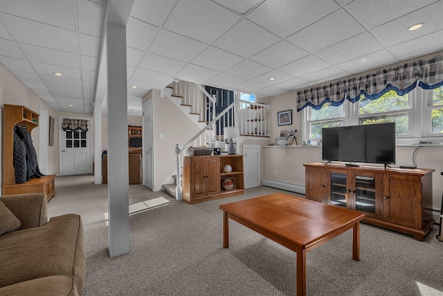 315 Judson Ave, Groton, CT 06355 - carpeted living room featuring baseboard heating, stairway, a paneled ceiling, and recessed lighting