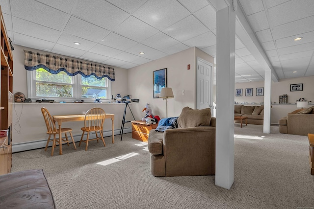 315 Judson Ave, Groton, CT 06355 - living room with carpet floors, a baseboard heating unit, a paneled ceiling, and recessed lighting