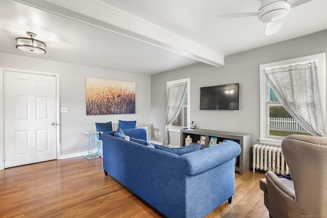 2 Clearview Ave, Norwalk, CT 06851 - living room featuring radiator, beamed ceiling, wood finished floors, and a ceiling fan
