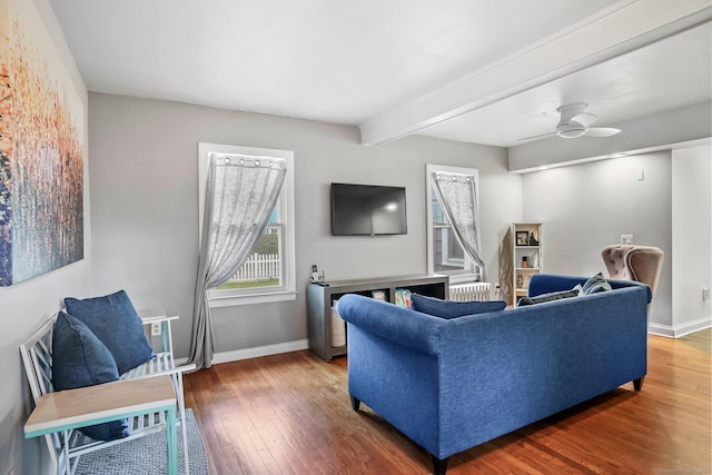 2 Clearview Ave, Norwalk, CT 06851 - living area with wood finished floors, beamed ceiling, and ceiling fan