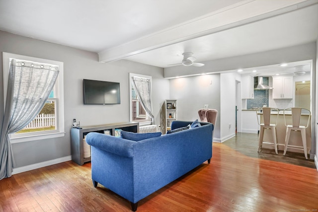 2 Clearview Ave, Norwalk, CT 06851 - living room featuring plenty of natural light, wood finished floors, ceiling fan, and beam ceiling