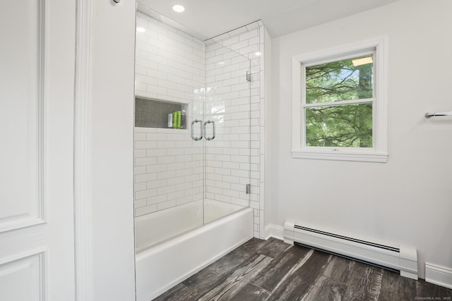 2 Clearview Ave, Norwalk, CT 06851 - full bath with a baseboard heating unit, combined bath / shower with glass door, wood finished floors, and recessed lighting