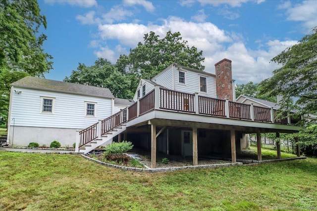 1384 N Benson Rd, Fairfield, CT 06824 - back of property featuring a wooden deck, a lawn, stairway, and a chimney