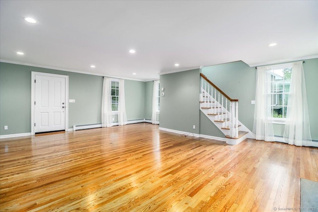 1384 N Benson Rd, Fairfield, CT 06824 - unfurnished living room featuring ornamental molding, stairs, light wood-style flooring, recessed lighting, and a baseboard heating unit