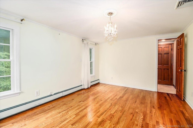 1384 N Benson Rd, Fairfield, CT 06824 - spare room featuring a baseboard radiator, light wood-type flooring, a chandelier, and ornamental molding