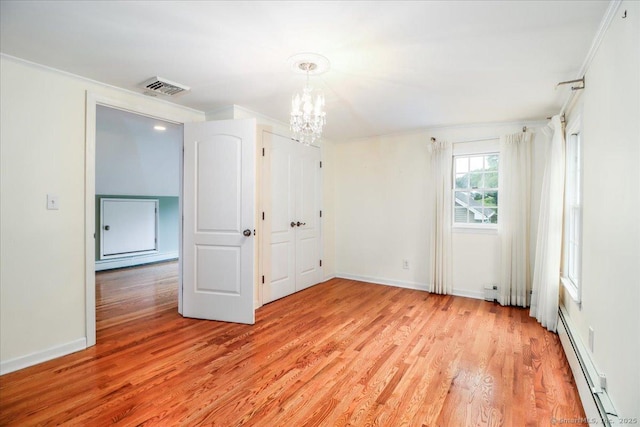 1384 N Benson Rd, Fairfield, CT 06824 - unfurnished bedroom featuring light wood-style flooring, a baseboard radiator, a chandelier, and ornamental molding