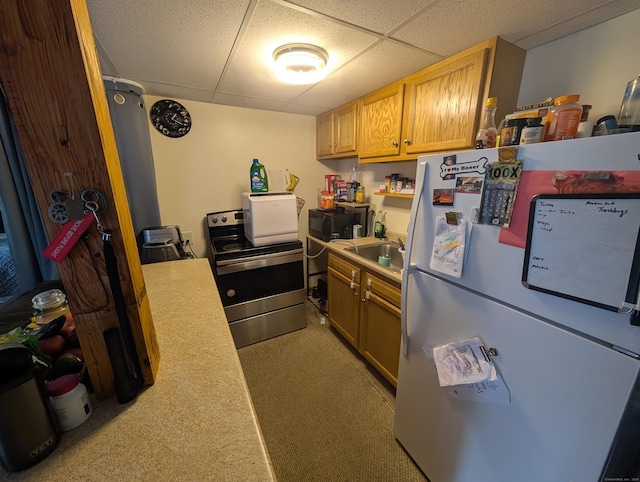56 Mitchell St, New Britain, CT 06053 - kitchen featuring freestanding refrigerator, electric range, a paneled ceiling, light carpet, and black microwave