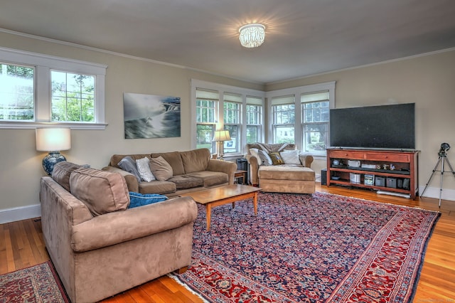150 Westwood Rd, New Haven, CT 06515 - living room with plenty of natural light, hardwood / wood-style floors, and crown molding