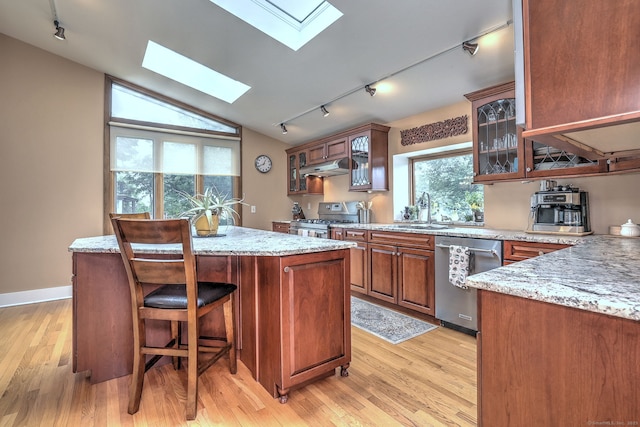 150 Westwood Rd, New Haven, CT 06515 - kitchen with stainless steel appliances, track lighting, a skylight, light wood-style flooring, and lofted ceiling
